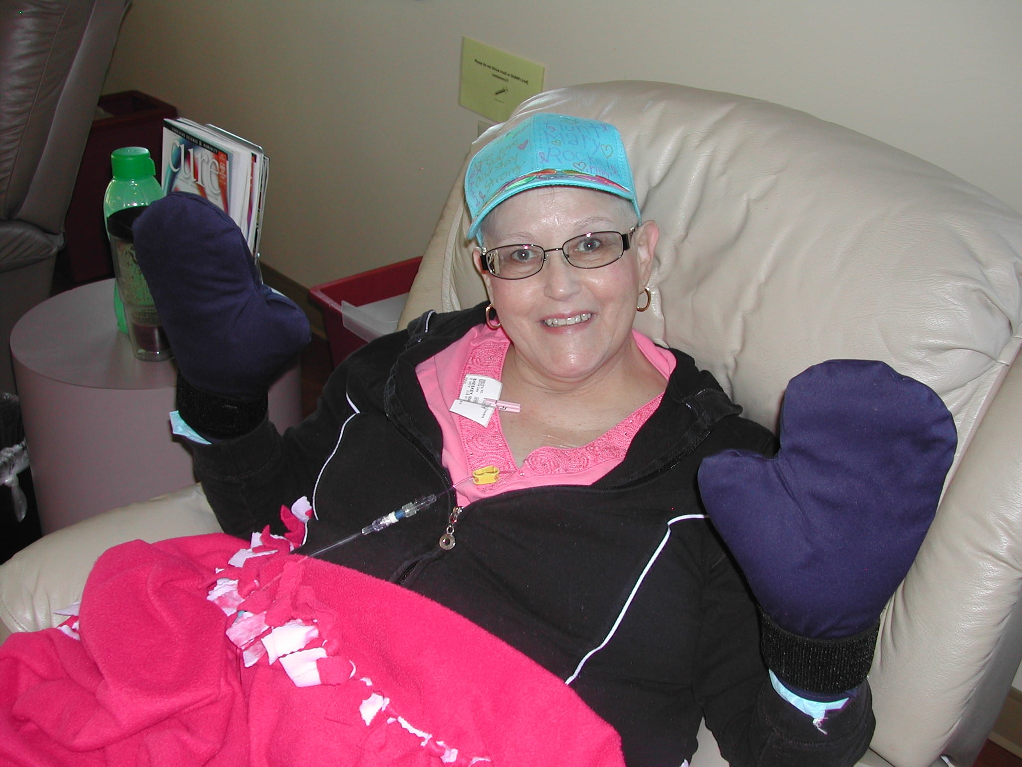 Mary during chemo with gloves on to protect her skin.